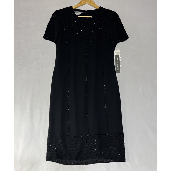 Maggy London Chiffon Sequin Dress 6 Black Midi Short Sleeve Classic Elegant - Picture 1 of 13